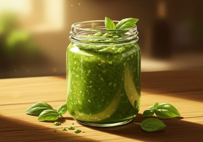 Image d'un bocal en verre rempli d'une sauce au basilic verte et onctueuse.