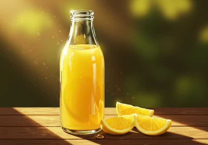 Bouteille de jus de citron concentré, prête à être utilisée.