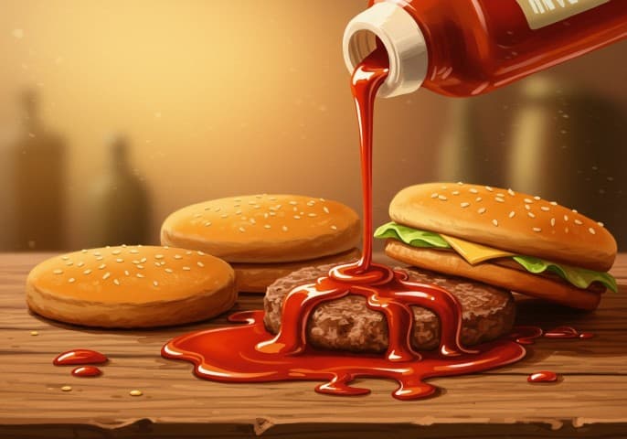 Bouteille de ketchup rouge vif sur fond blanc.