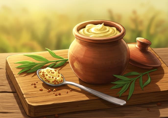 Pot de moutarde artisanale, couleur dorée, texture onctueuse.