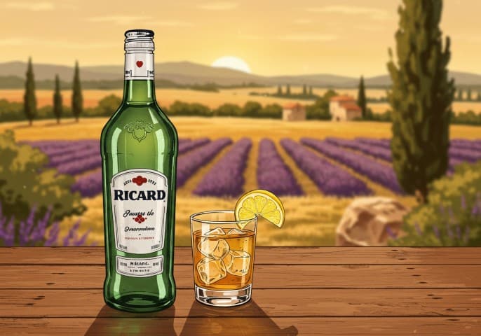 Bouteille de Ricard sur fond blanc.