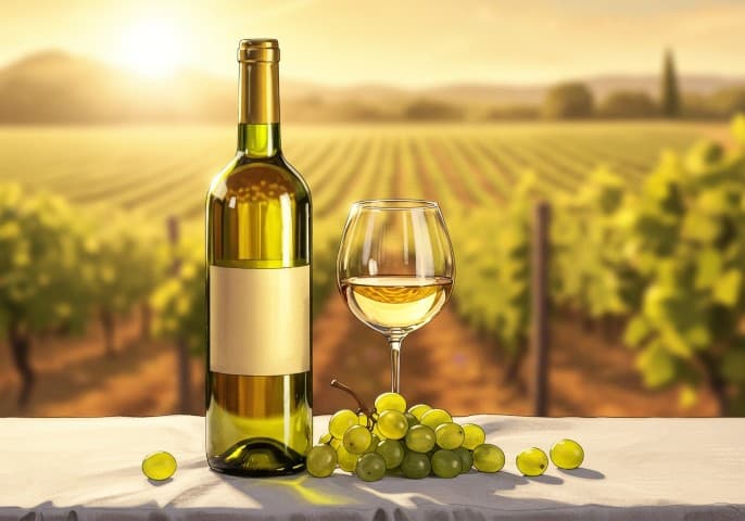 Bouteille de vin blanc posée sur fond clair.