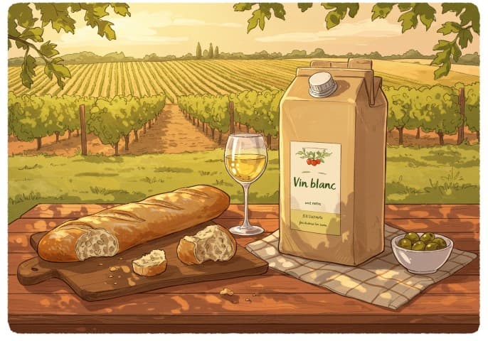 Bouteille de vin blanc en cubi, prête à être dégustée.