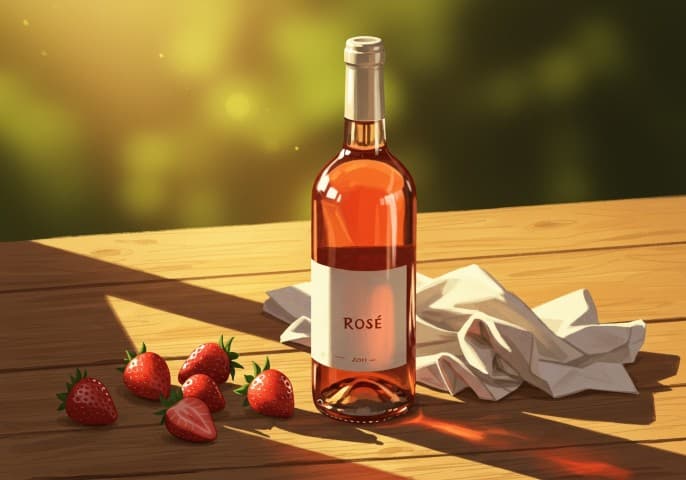 Bouteille de vin rosé sur fond clair, prête à être dégustée.