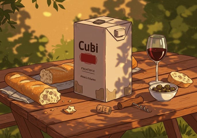 Bouteille de vin rouge en cubi, prête à être dégustée.