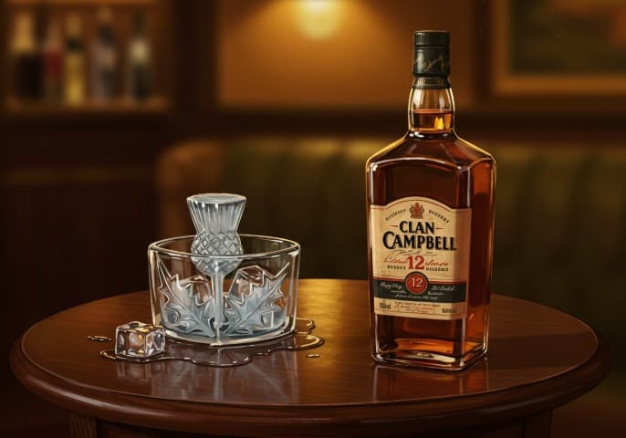 Bouteille de Whisky Clan Campbell sur fond clair.