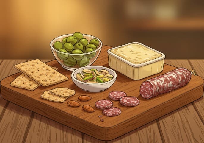 Image de produits d'apéritif et de grignotages salés : chips, olives, gressins, etc.