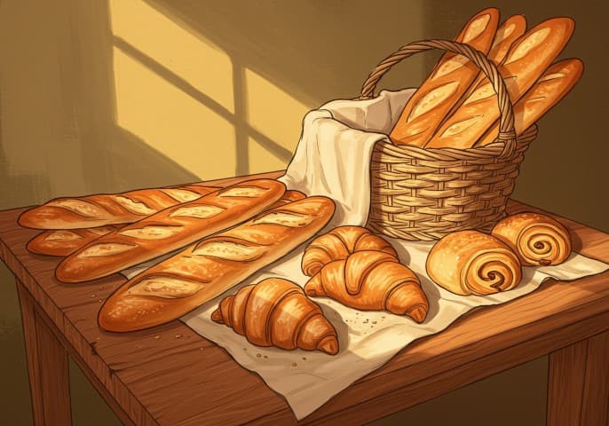 Photographie alléchante de notre épicerie, mettant en valeur le pain frais et les viennoiseries dorées.