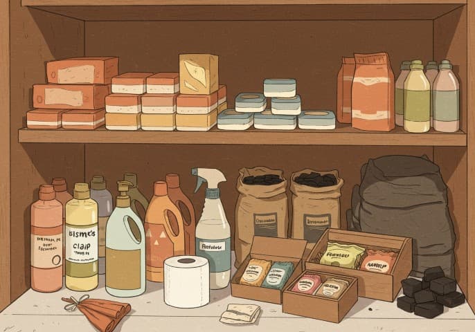 Image représentant une sélection de produits d'entretien pour la maison, propres et rangés.