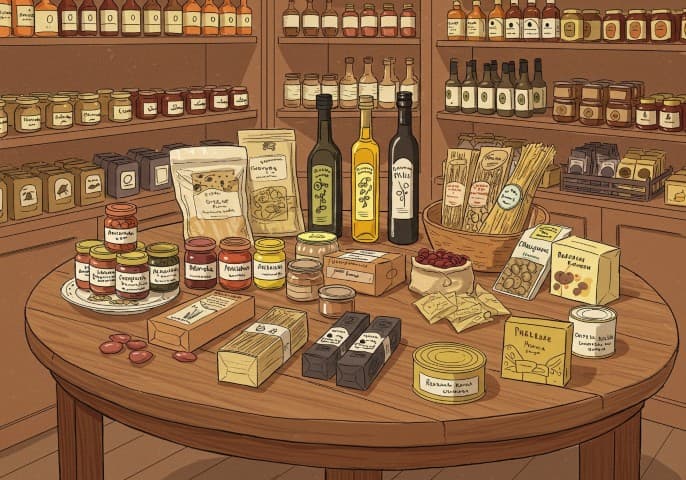 Image de divers produits d'épicerie salée, tels que des conserves, des pâtes, du riz, des sauces et des épices, présentés de manière attrayante.