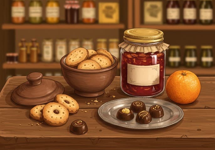 Image de produits d'épicerie sucrée : biscuits, chocolats, confitures, etc. dans une ambiance chaleureuse et conviviale.