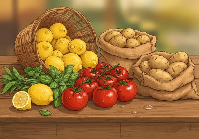 Image de fruits et légumes frais de saison, colorés et appétissants.