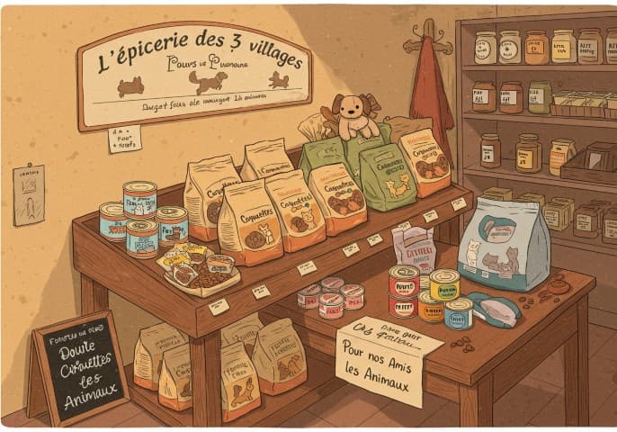 Image représentant une sélection de produits pour animaux de compagnie : nourriture pour chien, litière pour chat, jouets, etc.