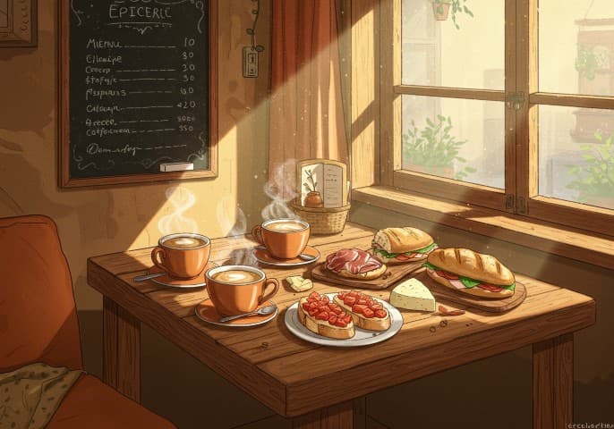 Image de l'espace snacking chaud et café de L'épicerie des 3 villages aux Salces, ambiance chaleureuse et conviviale.