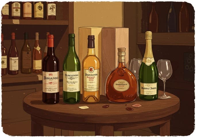 Image de notre sélection de vins et spiritueux, mettant en avant des bouteilles élégantes sur un fond de bois rustique.