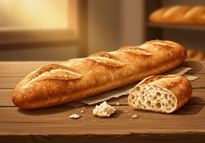 Image d'une baguette campagnette dorée et croustillante, posée sur un fond en bois.