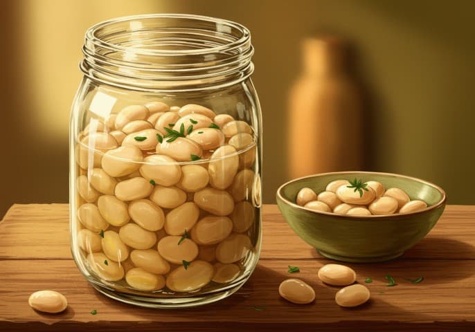 Image d'un bocal en verre rempli de flageolets blancs cuisinés, prêts à déguster.