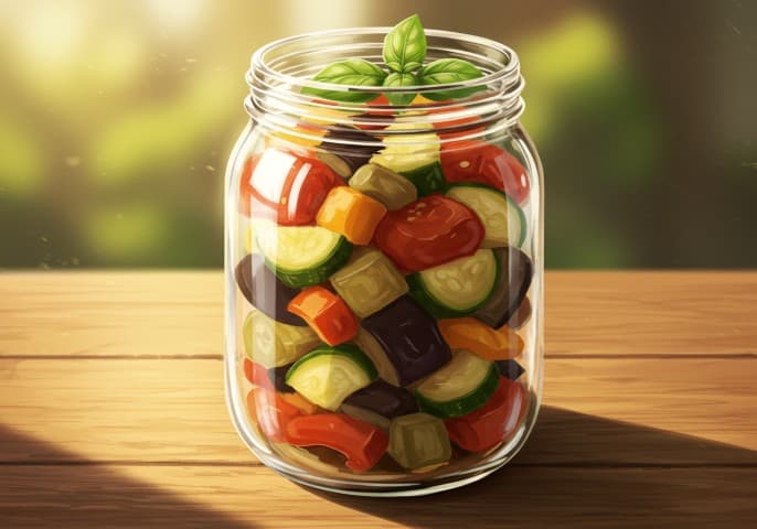 Image d'un bocal en verre rempli d'une ratatouille colorée et appétissante.