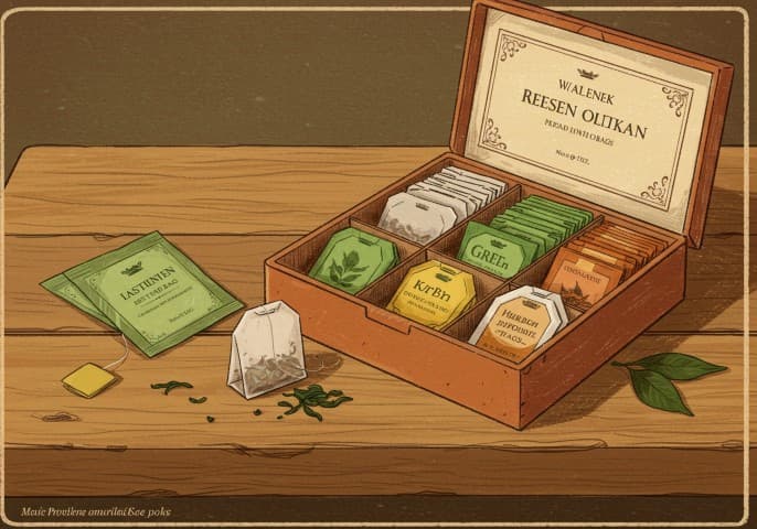 Image d'une boîte de sachets de thé noir, vert et infusions.  Les sachets sont visibles à travers une fenêtre transparente.