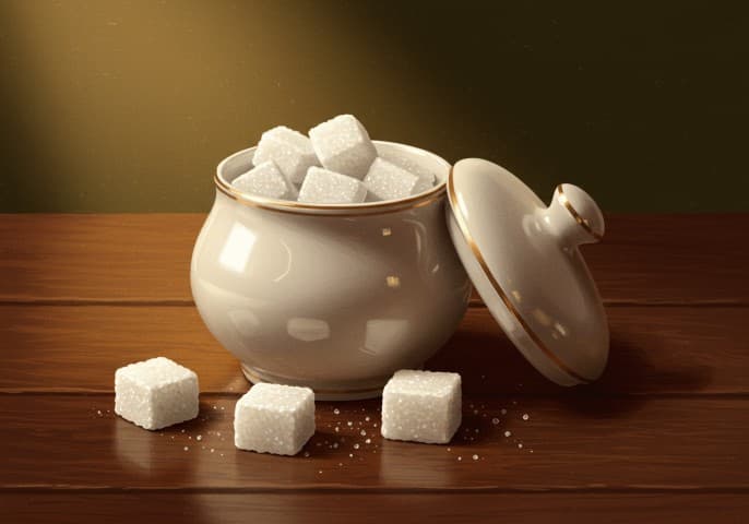 Image d'une boîte de sucre en morceaux, cubique et blanche, sur un fond clair.