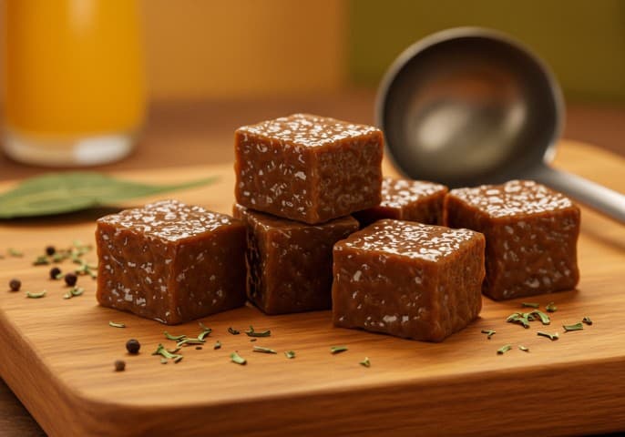 Image de cubes de bouillon de bœuf, prêts à être utilisés pour préparer une délicieuse soupe ou sauce.
