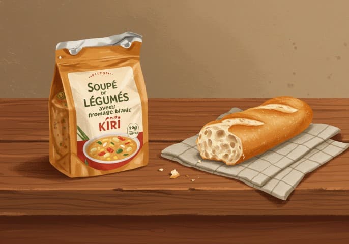 Image d'une brique de légumes et Kiri, prête à être dégustée.