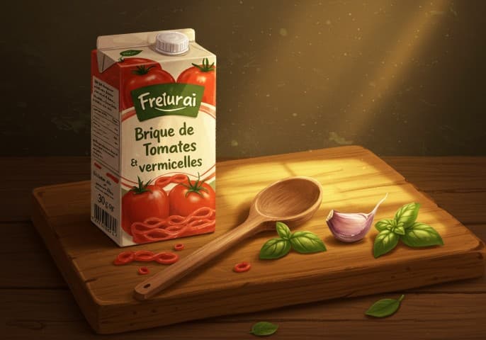 Image d'une brique de tomates et vermicelles, prête à être dégustée.