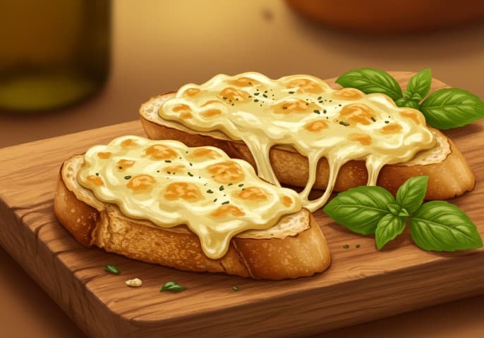 Image d'une bruschetta garnie de quatre fromages différents, présentée sur une planche en bois.