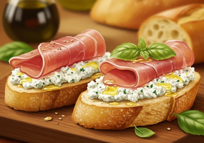 Photo d'une bruschetta jambon appétissante, servie sur une planche en bois.