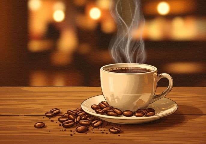 Une tasse fumante de café en grain fraîchement moulu, servi dans une jolie tasse à l'épicerie des 3 villages.