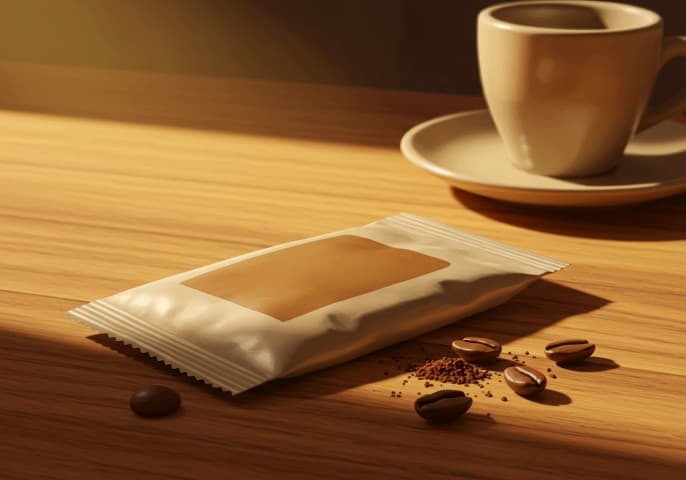 Un sachet de café moulu de couleur brune, prêt à être infusé.