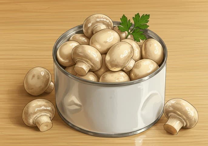 Image de champignons de Paris en boîte, prêts à être utilisés dans vos recettes.