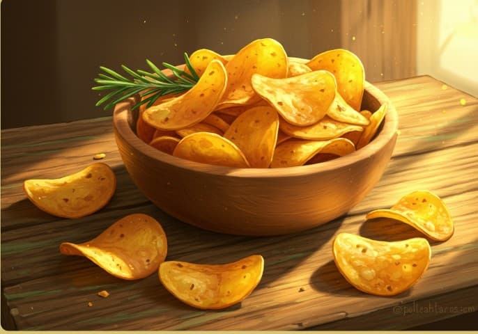 Image de chips nature, croustillantes et dorées, présentées dans un bol en bois.