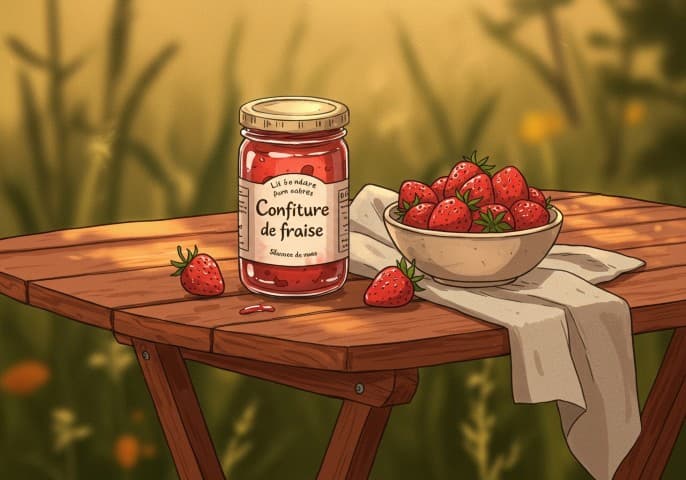 Pot de confiture de fraise artisanale, couleur rouge vif, avec des fraises entières visibles.