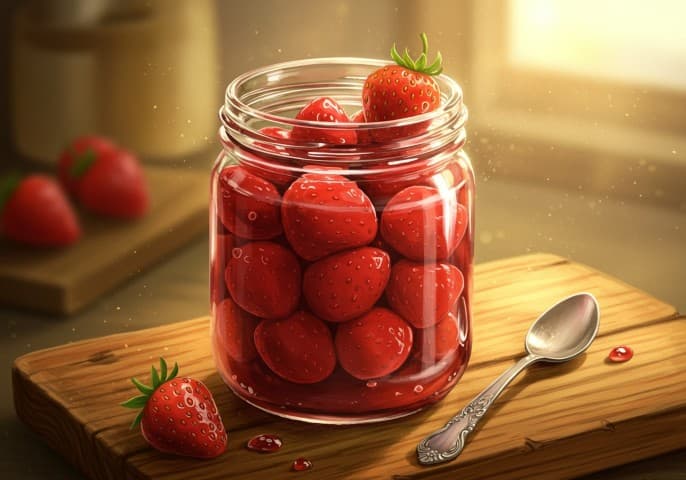 Pot de confiture maison de fraise, artisanale, sur fond blanc.