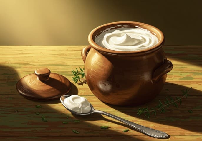 Pot de crème fraîche épaisse, onctueuse et prête à utiliser.