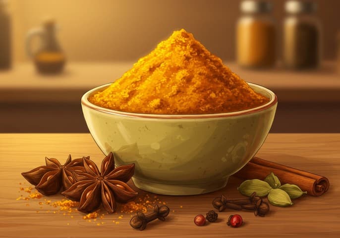 Pot de curry en poudre jaune orangé, prêt à être utilisé en cuisine.