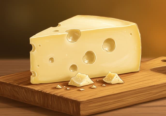 Image d'une portion d'Émental, fromage à pâte pressée cuite, de couleur jaune pâle, disposée sur un fond clair.