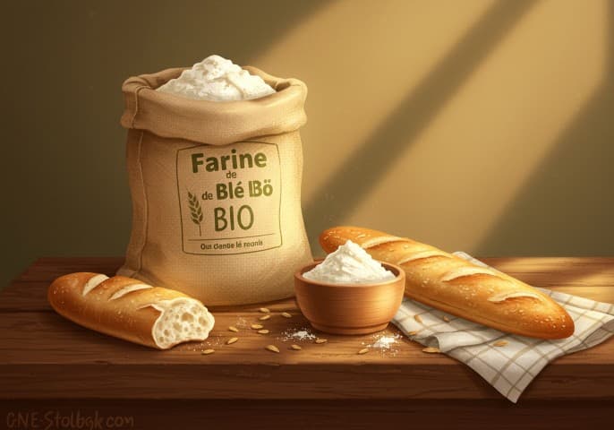 Sac de farine de blé bio de couleur beige clair, sur un fond de bois rustique.