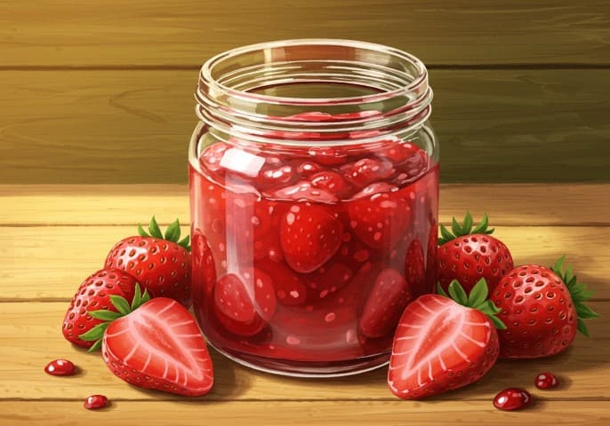 Pot de gelée de fraises artisanale, couleur rouge vif, avec des fraises fraîches visibles.