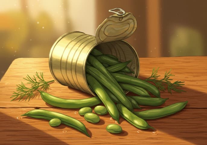 Image de haricots verts en boîte, prêts à être dégustés.