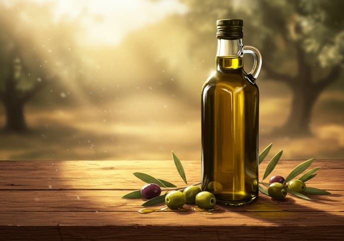Bouteille d'huile d'olive de couleur dorée, posée sur un fond rustique en bois.
