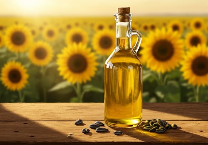 Bouteille d'huile de tournesol sur fond blanc.