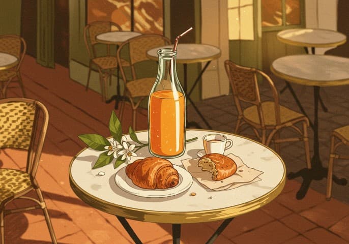 Bouteille et brique de jus d'orange frais de l'épicerie des 3 villages.