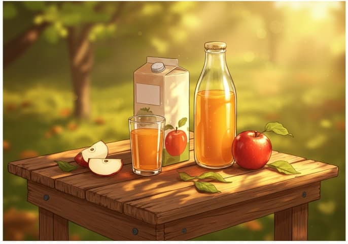 Photo d'une bouteille et d'une brique de jus de pomme frais.