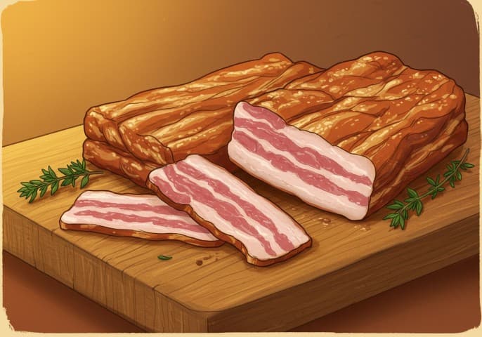 Image de lardons fumés, disposés sur une planche en bois rustique.