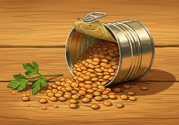 Image de conserve de lentilles, prête à être dégustée.