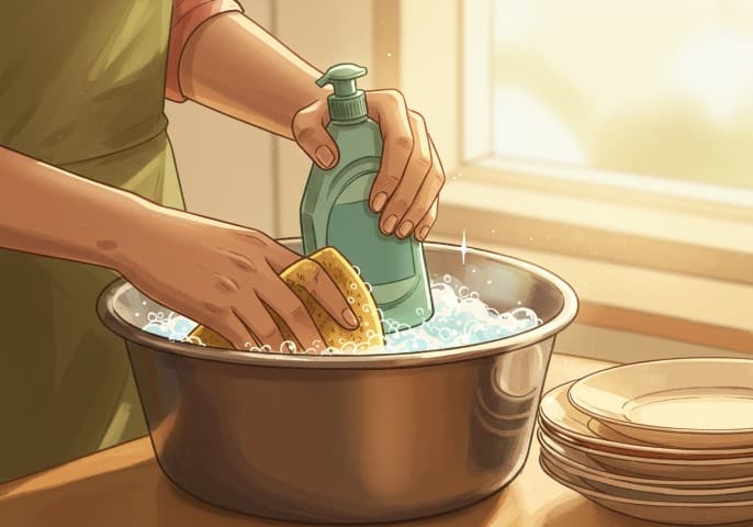 Bouteille de liquide vaisselle, prête à l'emploi, sur fond blanc.