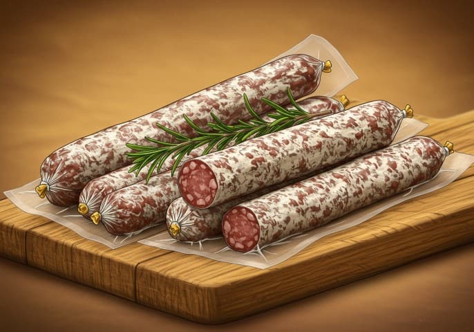 Image de longs saucissons secs en sachets, prêts à déguster.
