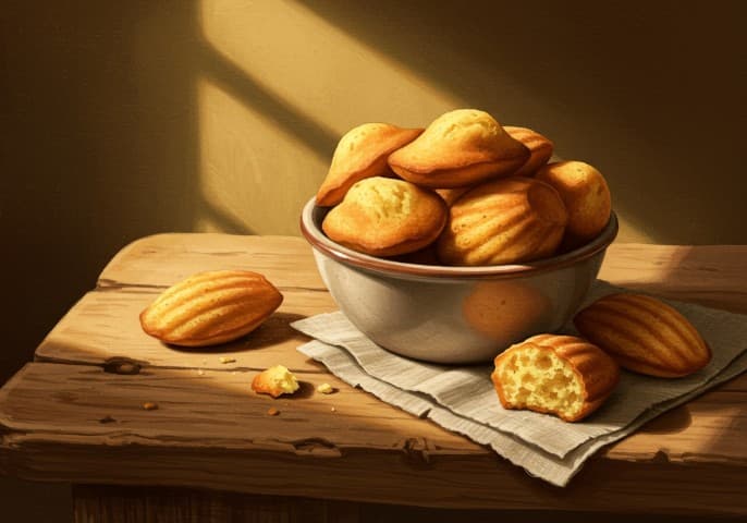 Photo de délicieuses madeleines Les Écureuils, légères et moelleuses.